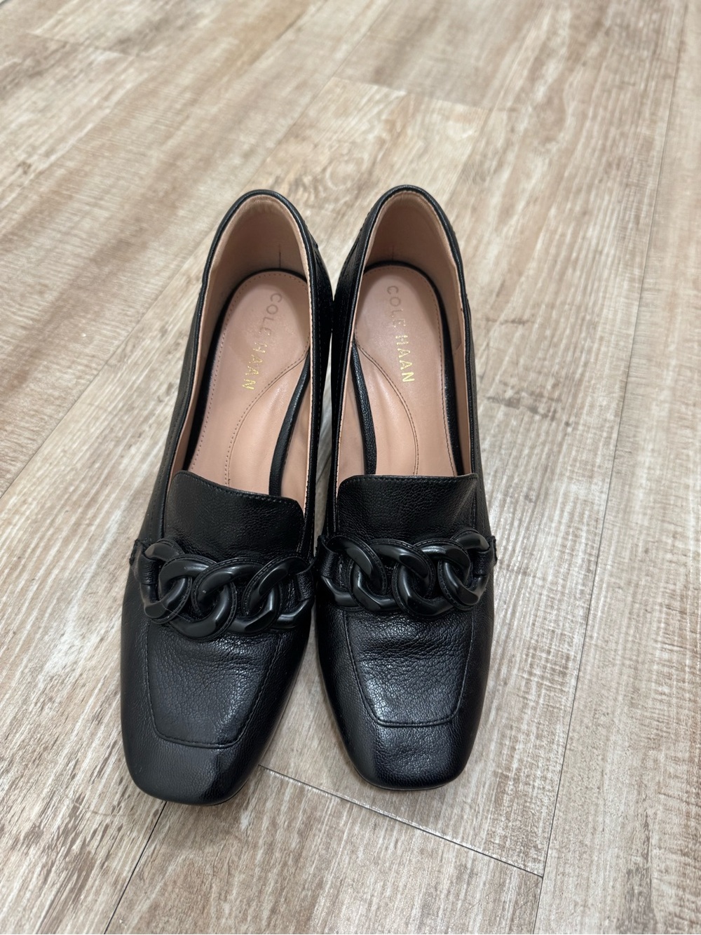 Cole Haan Chrystie Chain Block Heel Loafer in Black Leather, Women’s Size 7 1/2B